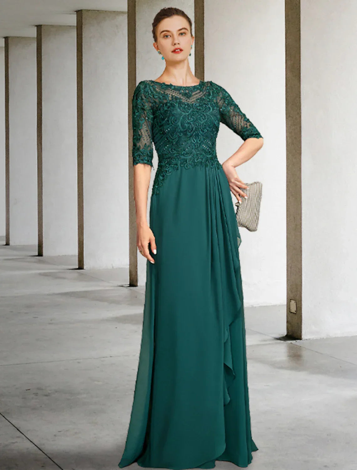 Mother of the Bride Dress Luxurious Elegant Jewel Neck Floor Length Half Sleeve with Pleats Beading Appliques