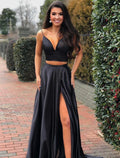 Two Piece A-Line Prom Dresses Minimalist Dress Party Wear Sweep / Brush Train Sleeveless V Neck with Pleats Slit