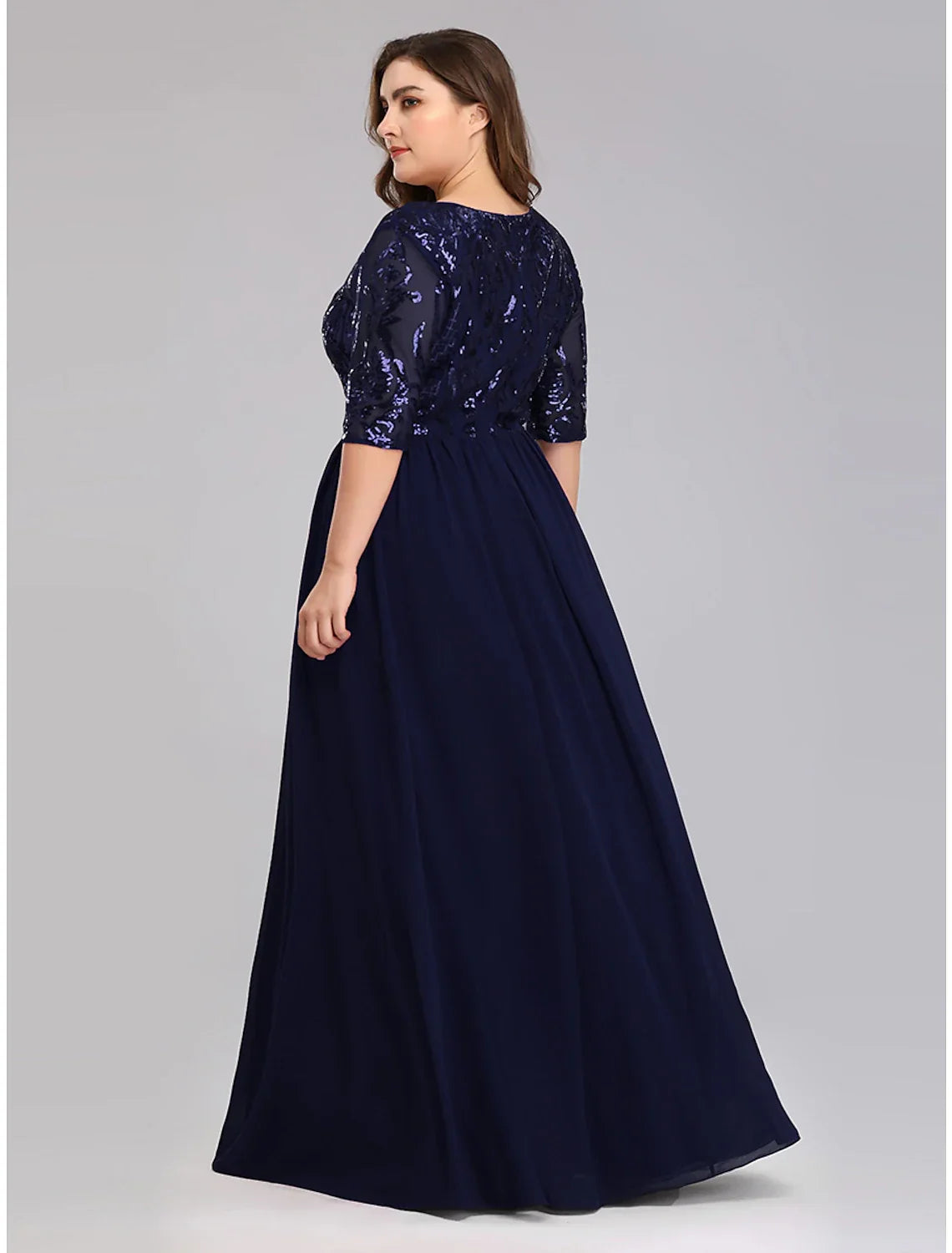 Plus Size Dress Wedding Guest Floor Length Half Sleeve Plunging Neck
