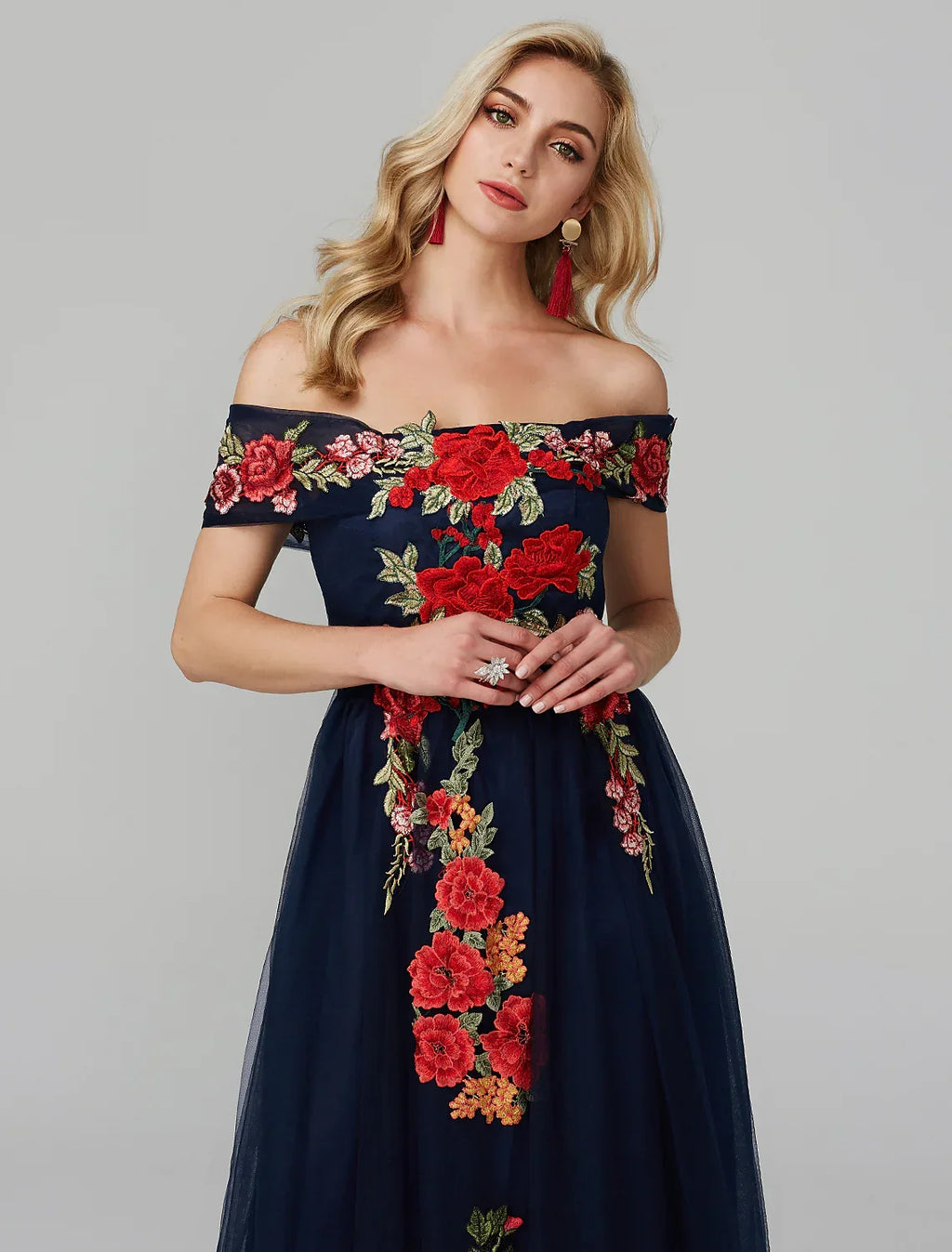 Wedding Guest Floor Length Sleeveless Off Shoulder Over with Embroidery Appliques