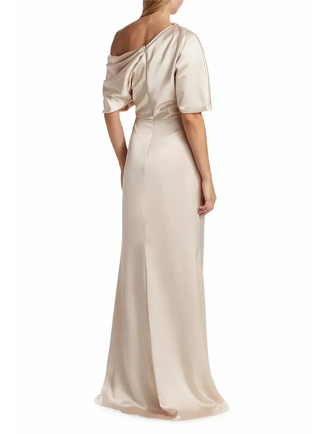 Mother of the Bride Dress Formal Wedding Guest Elegant Simple Off Shoulder Floor Length Charmeuse Short Sleeve with Side Draping Side-Draped Solid Color