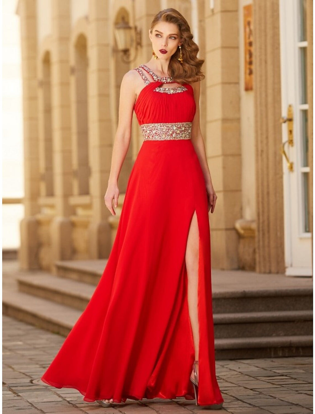 Evening Gown Sparkle & Shine Dress Party Wear Floor Length Sleeveless Halter with Rhinestone Slit