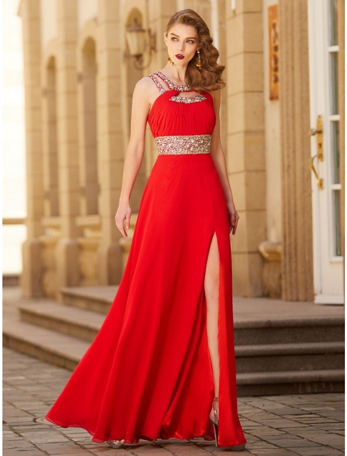 Evening Gown Sparkle & Shine Dress Party Wear Floor Length Sleeveless Halter with Rhinestone Slit