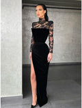 Black Sheath / Column Evening Gown Elegant Dress Formal Dress Plus Size Floor Length Long Sleeve High Neck with Slit