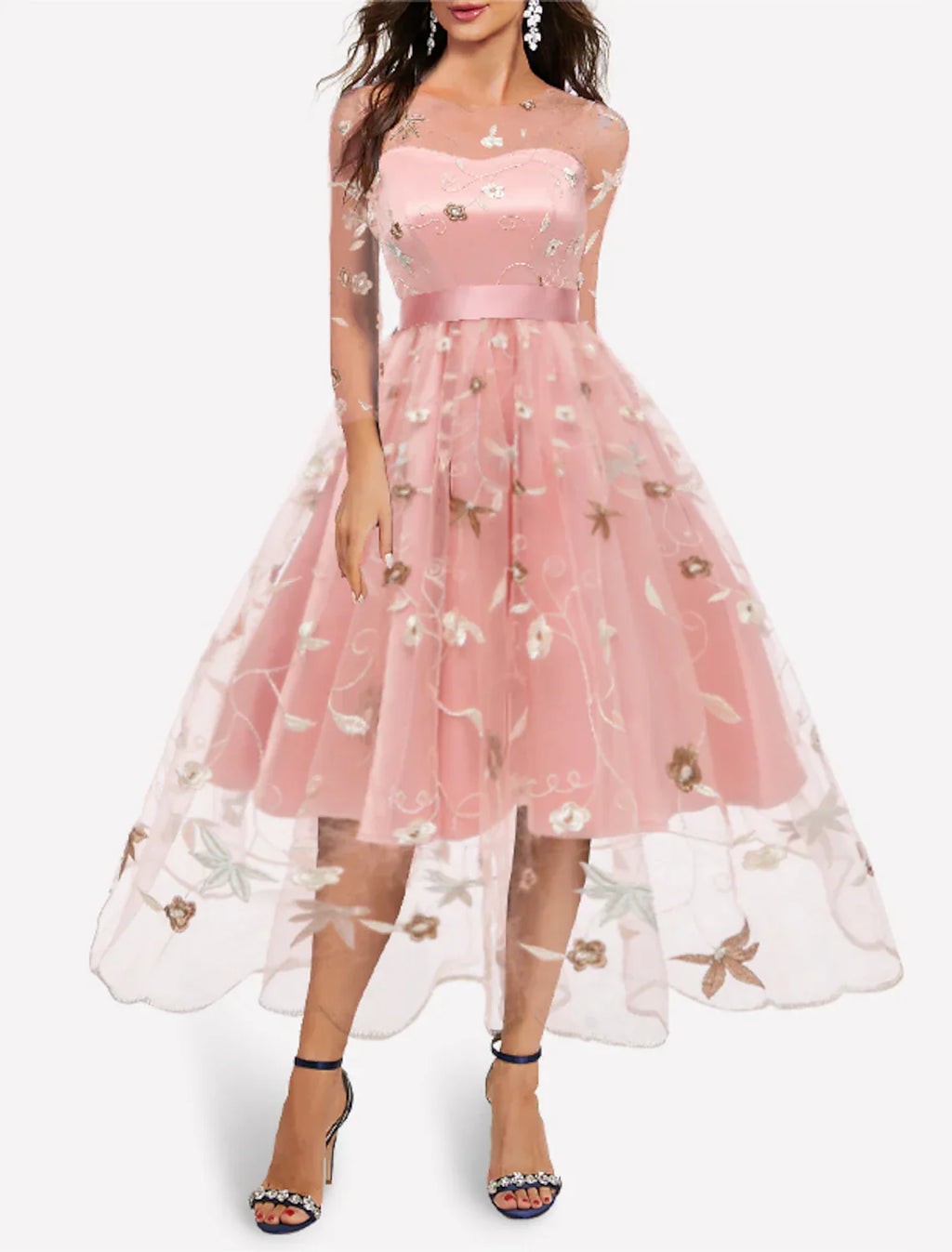 Cocktail Dresses Floral Dress Homecoming Wedding Guest Knee Length Half Sleeve Jewel Neck with Embroidery Appliques