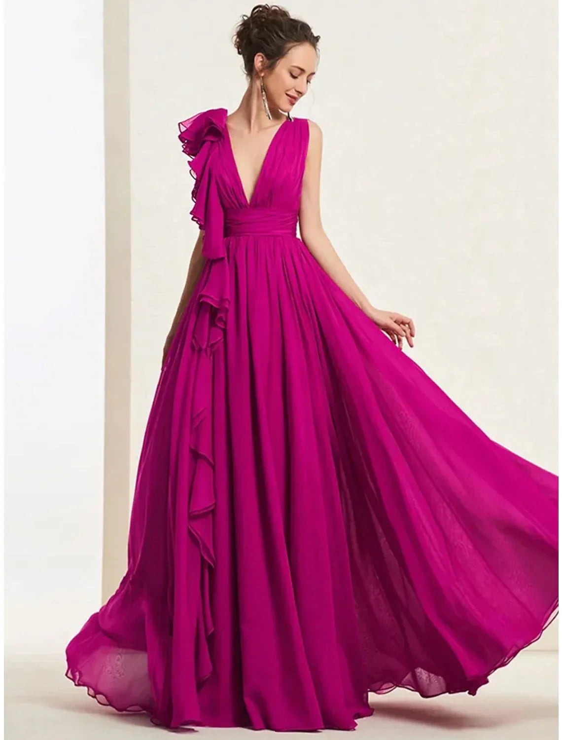 Evening Gown Open Back Dress Wedding Guest Sweep / Brush Train Sleeveless V Neck Wednesday Addams Family Backless with Pleats Ruched Ruffles
