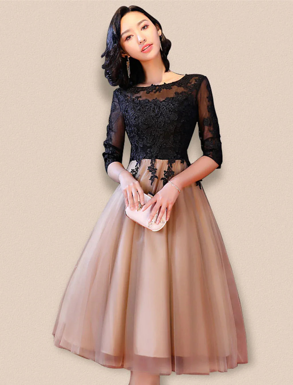 Celebrity Style Wedding Guest Cocktail Party Dress Boat Neck Backless Half Sleeve Knee Length with Insert Appliques