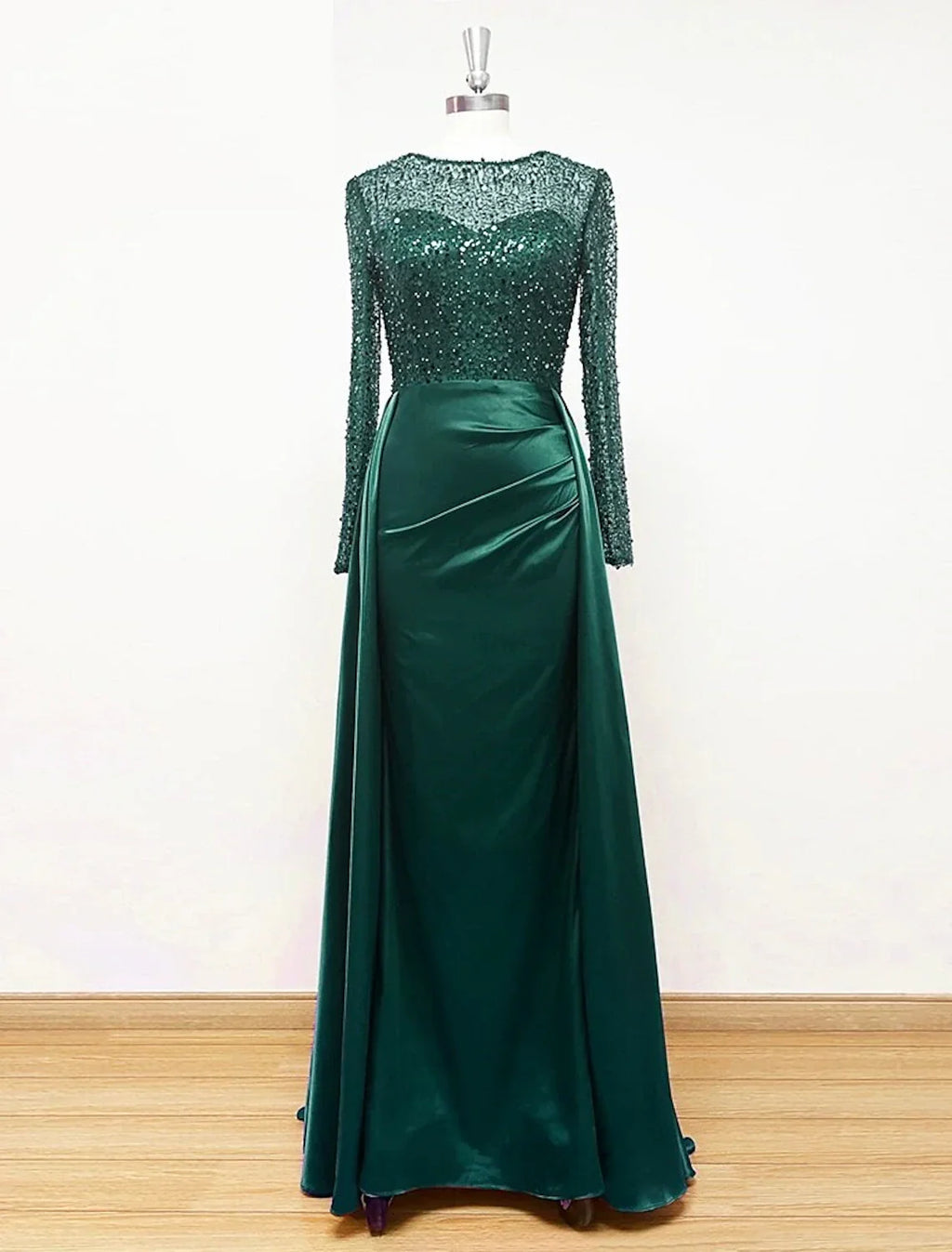 Mermaid Evening Gown Ruched Dress Long Sleeves Floor Length Sparkle Illusion Neck Fall Wedding Guest Dress with Pearls Overskirt