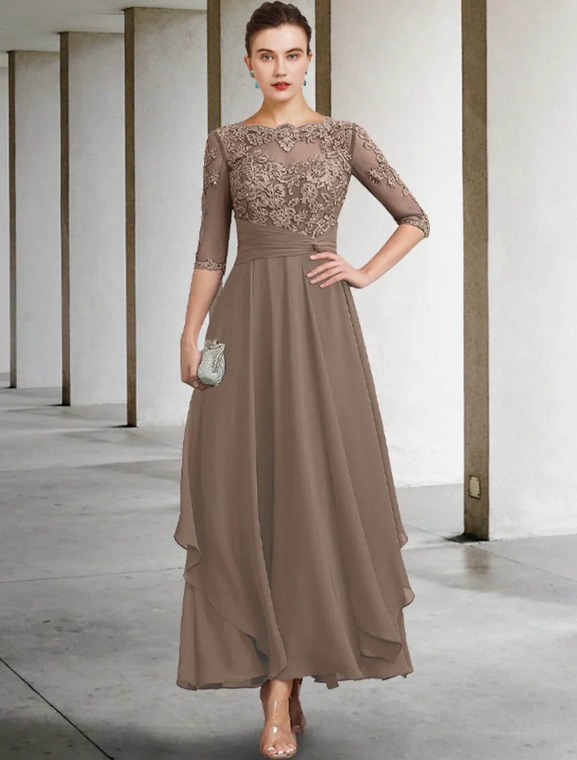 Mother of the Bride Dress Wedding Guest Plus Size Elegant Jewel Neck Ankle Length Half Sleeve with Ruched Beading Appliques Fall