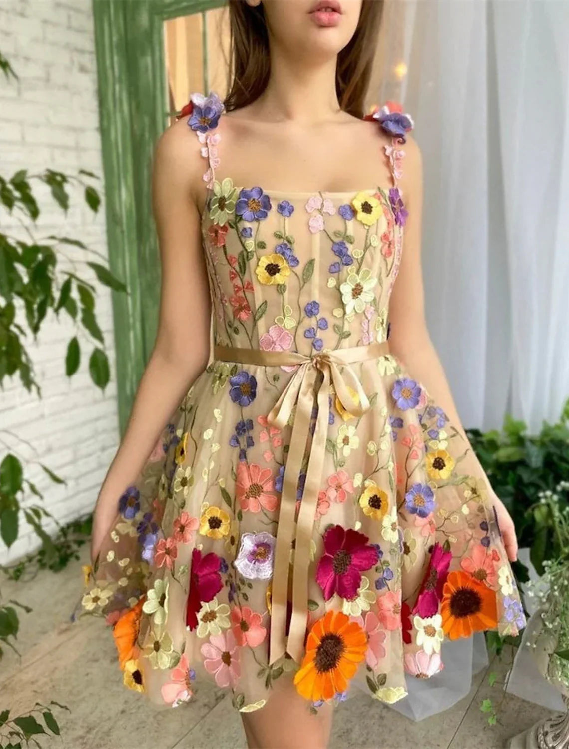Cocktail Dresses Floral Dress Summer Garden Party Short / Mini Sleeveless Spaghetti Strap with Appliques