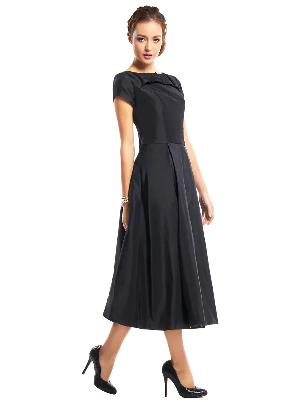 Vintage Dress Homecoming Tea Length Short Sleeve Boat Neck Taffeta with Buttons