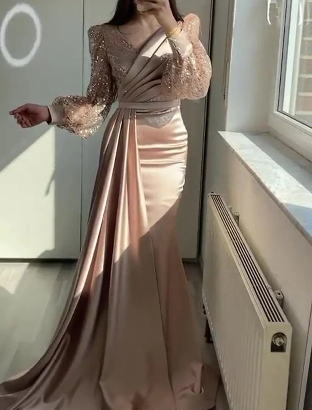 Black Mermaid / Trumpet Evening Gown Vintage Dress Formal Tie Floor Length Long Sleeve V Neck Charmeuse with Buttons Pearls