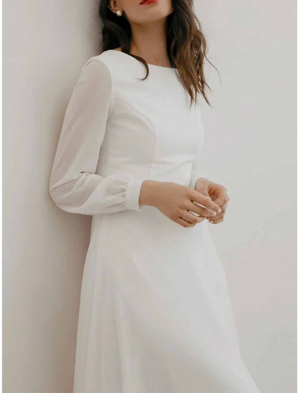 White Cocktail Dresses Little Dresses Dress Wedding Reception Tea Length Long Sleeve Jewel Neck Fall Wedding Guest V Back with Ruffles Pure Color