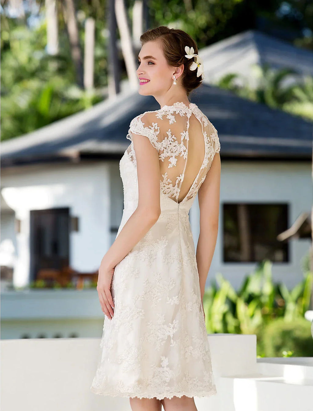 White Open Back Little Dresses Knee A-Line Floral Appliques