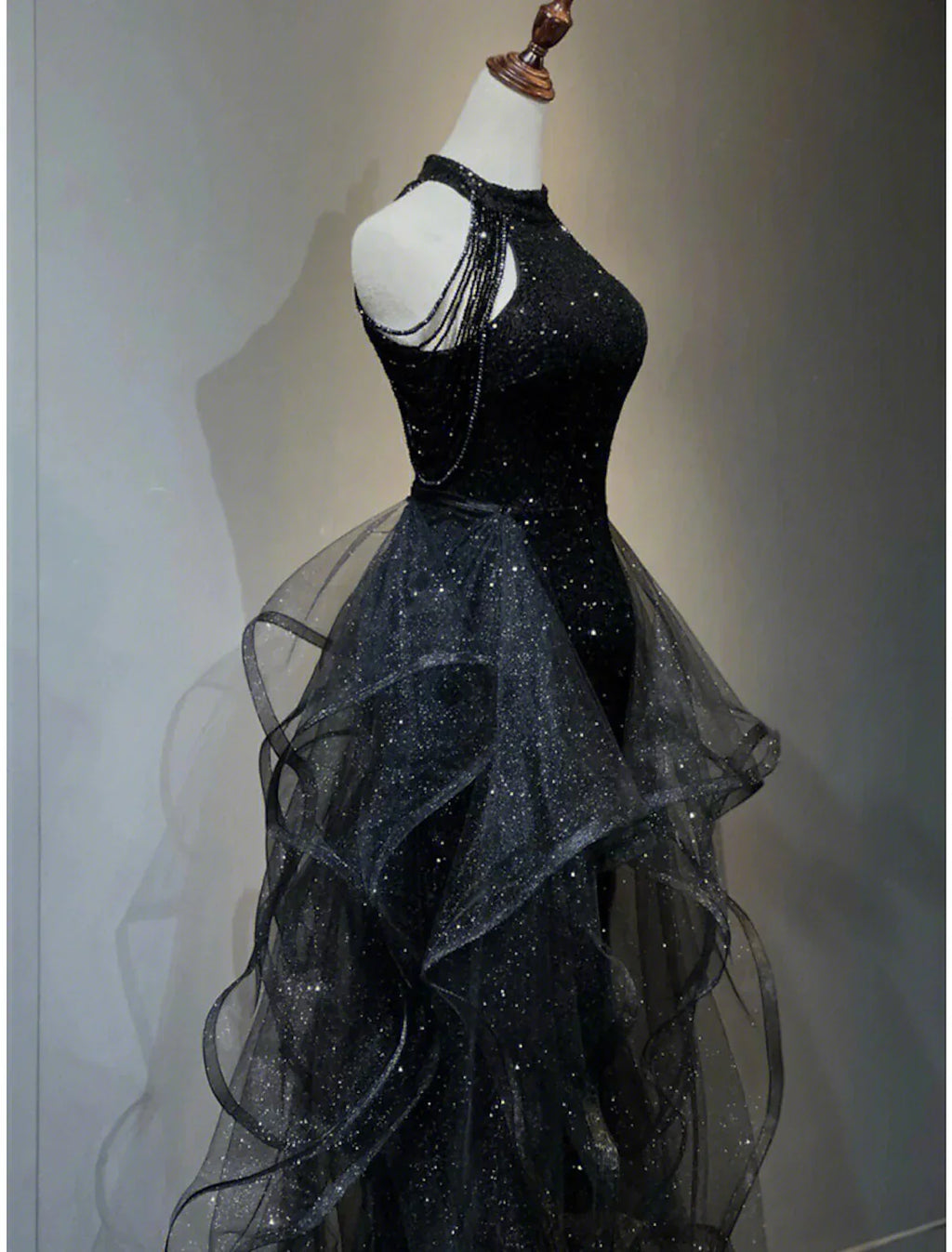 Black Prom Dress Plus Size Vintage Dress Wedding Party Birthday Sweep / Brush Train Sleeveless Halter Neck Wednesday Addams Family with Crystals Ruffles
