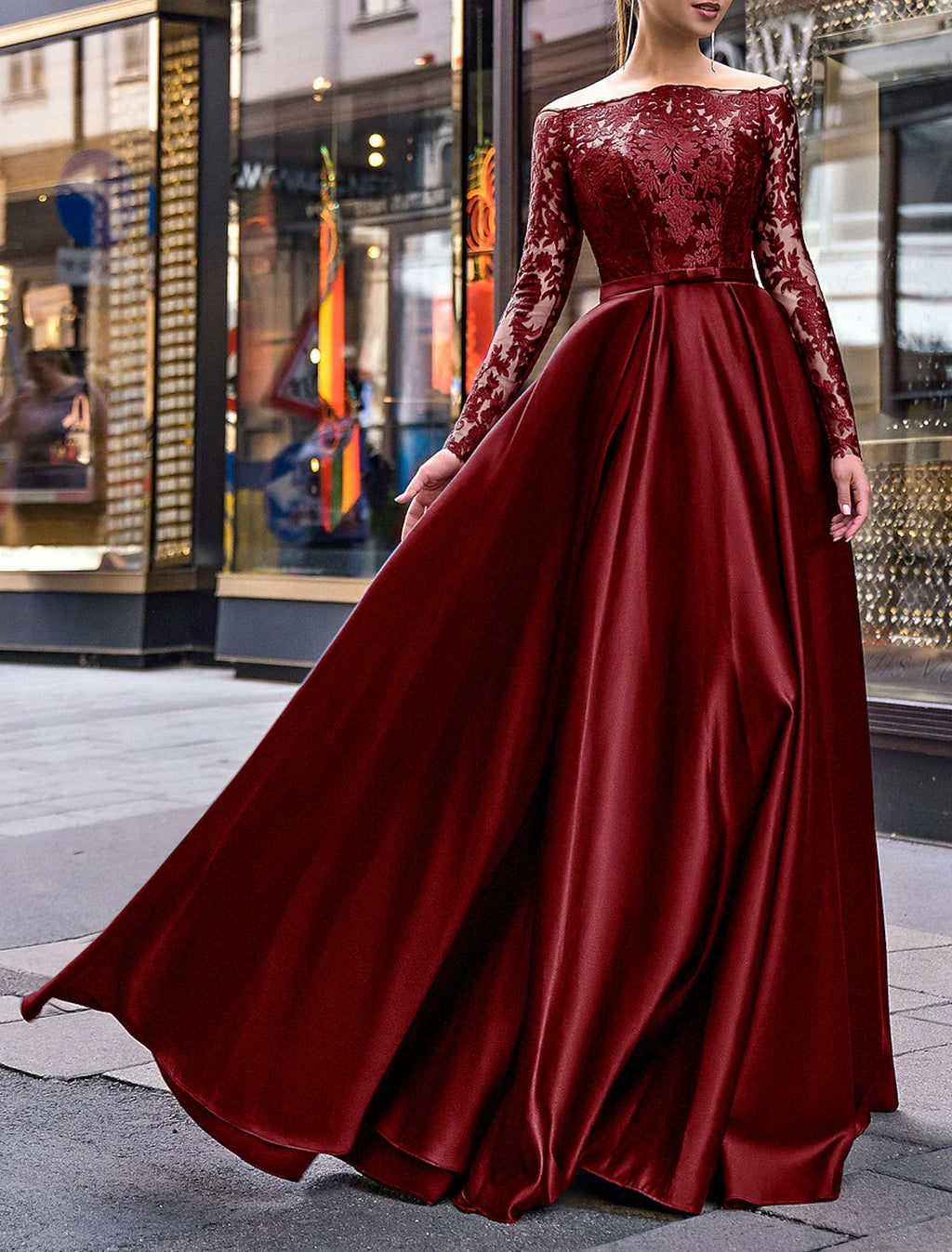 Green Evening Gown Party Dress Christmas Red Dress Elegant Dress Wedding Guest Fall Floor Length Long Sleeve Off Shoulder Belt / Sash with Appliques