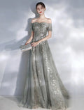 Evening Gown Glittering Dress Engagement Floor Length Short Sleeve Off Shoulder Appliques