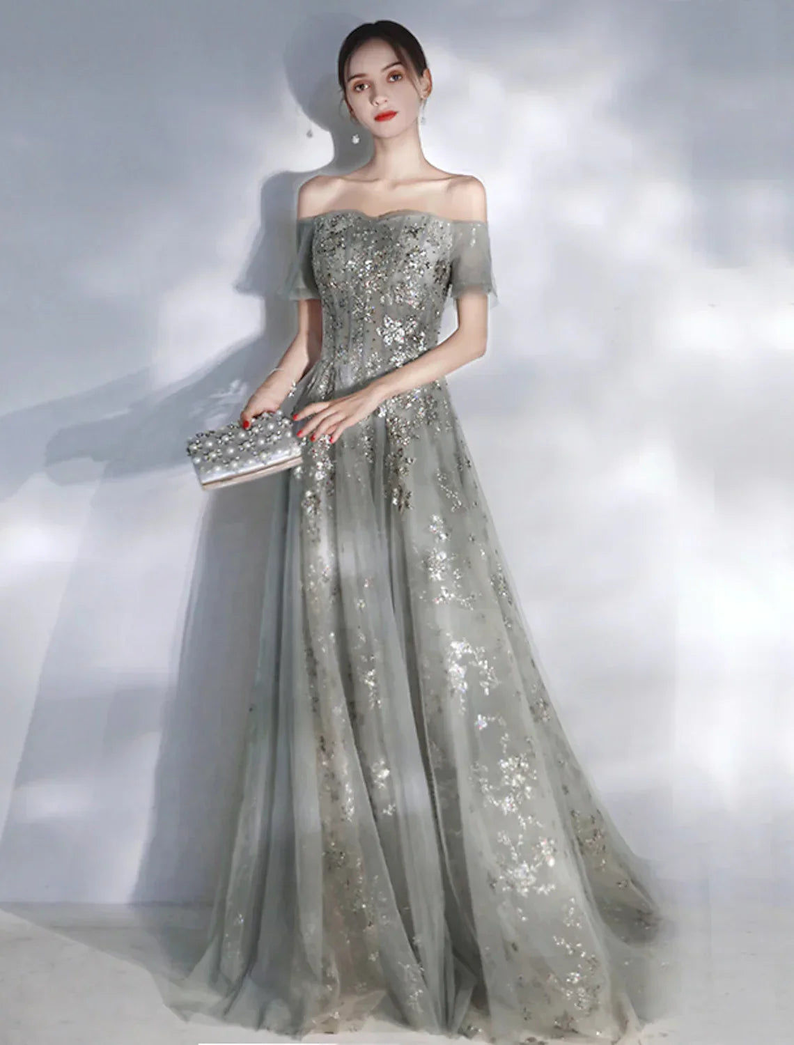 Evening Gown Glittering Dress Engagement Floor Length Short Sleeve Off Shoulder Appliques
