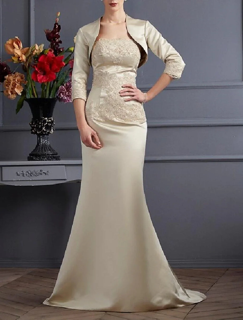 Two Piece Mermaid / Trumpet Mother of the Bride Dress Wrap Included Strapless Sweep / Brush Train 3/4 Length Sleeve