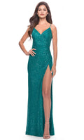 Teal Sparkling Wrap Bodice Prom Dress with High Side Slit for Glamorous Galas