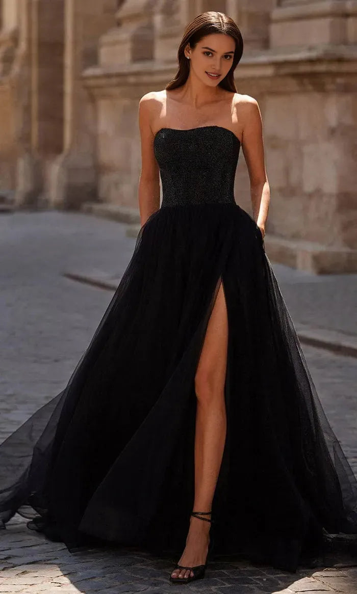 Black Strapless Prom Gown with Bodice and Skirt Featuring High Slit