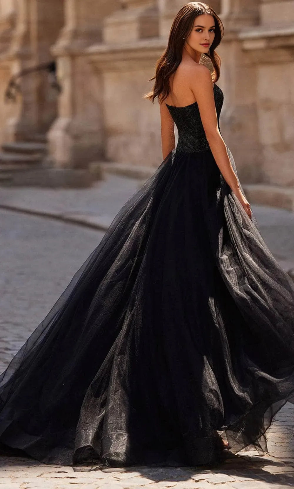 Black Strapless Prom Gown with Bodice and Skirt Featuring High Slit