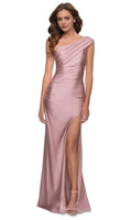 Dusty Rose One - Shoulder Evening Dresses with Ruched Bodice and Dramatic High Slit Skirt