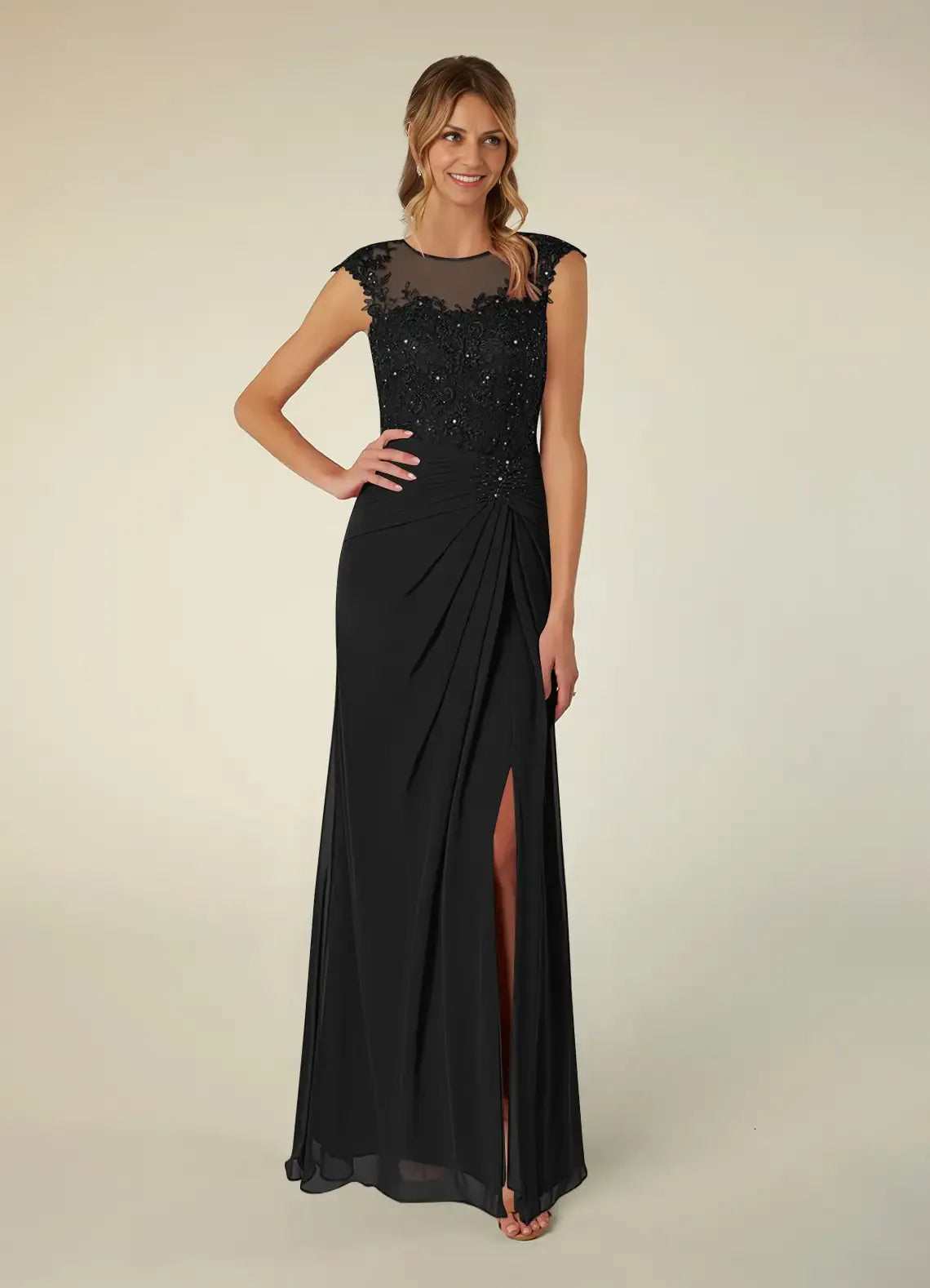 Sophisticated Graceful Stylish Elegant Black Chiffon A-Line Scoop Neck Slit Evening Dress