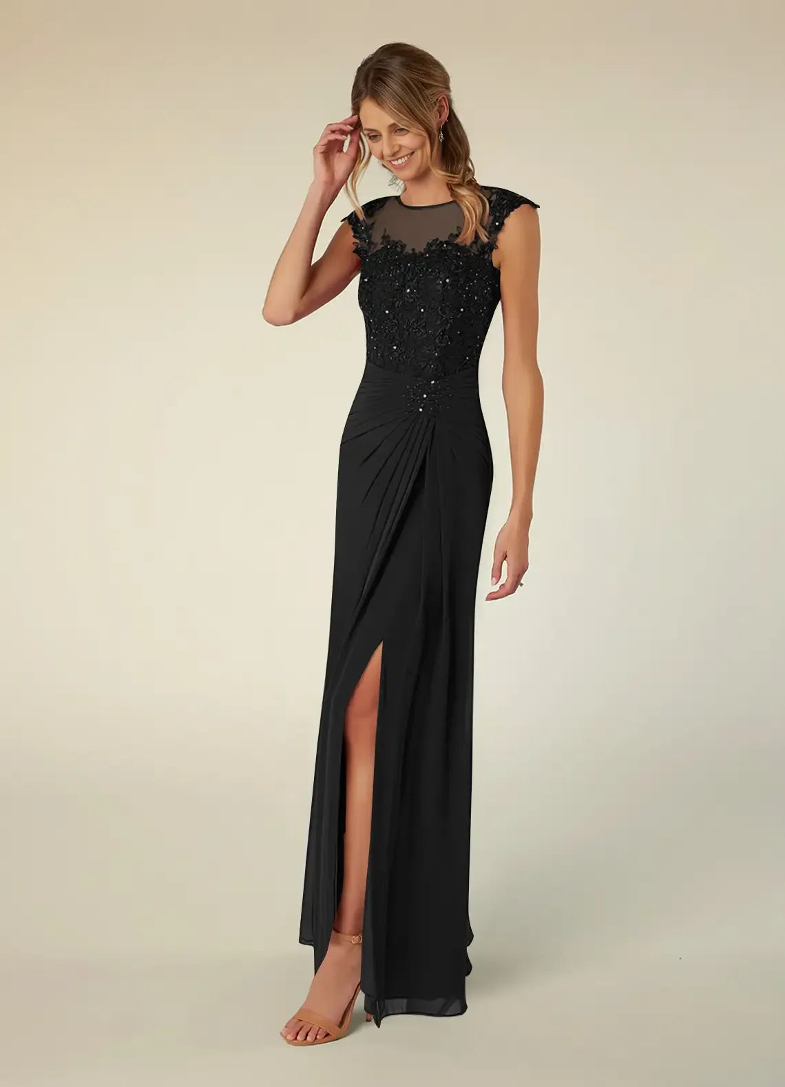 Sophisticated Graceful Stylish Elegant Black Chiffon A-Line Scoop Neck Slit Evening Dress
