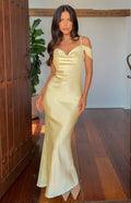 Yellow lamorous Off Shoulder Prom Gown Cowl Neckline Fabric Mermaid Fit for Memorable Evenings