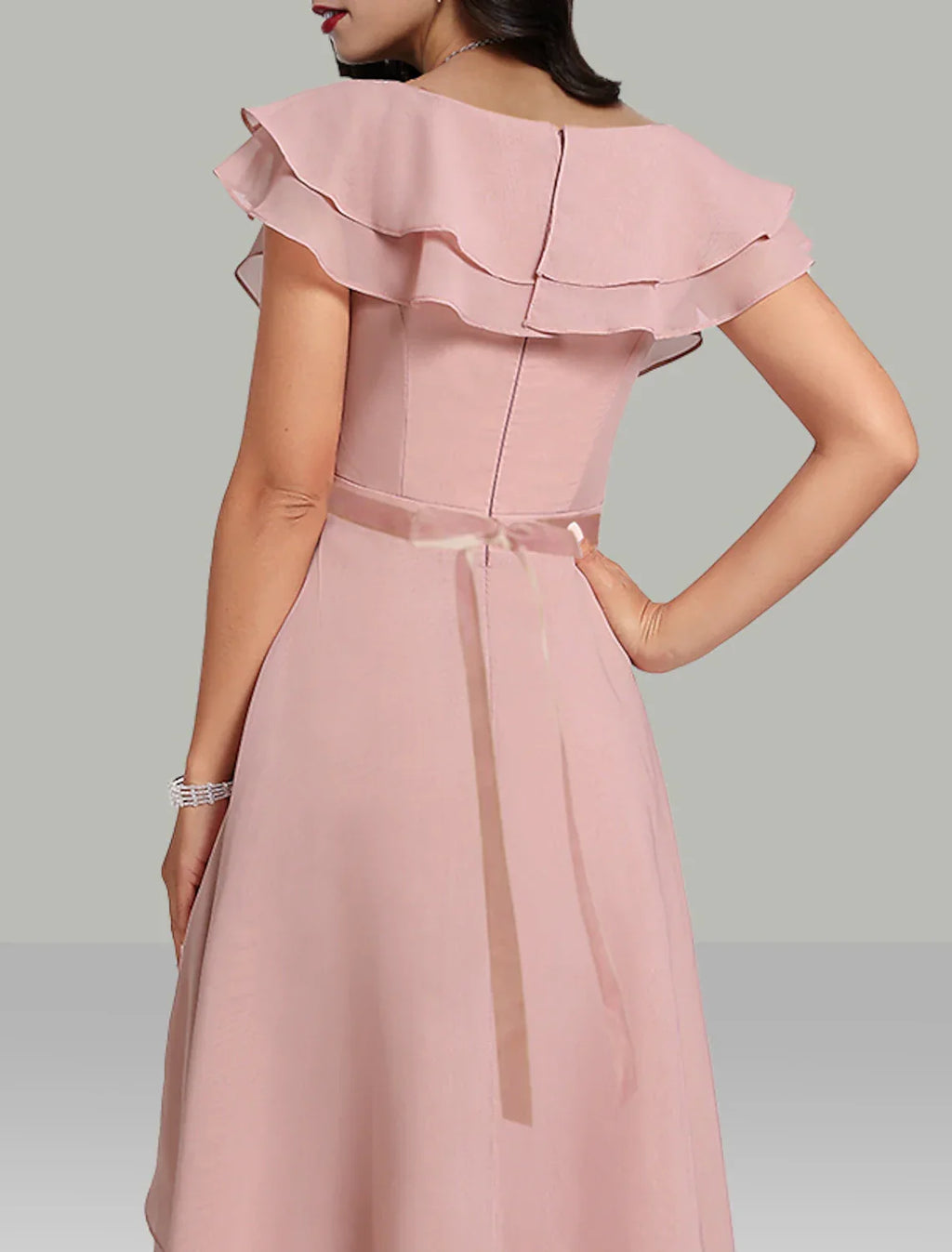 Wedding Guest Dresses Tiered Plisse Dress Cocktail Party Semi Formal Tea Length Short Sleeve V Neck Belt / Sash with Beading