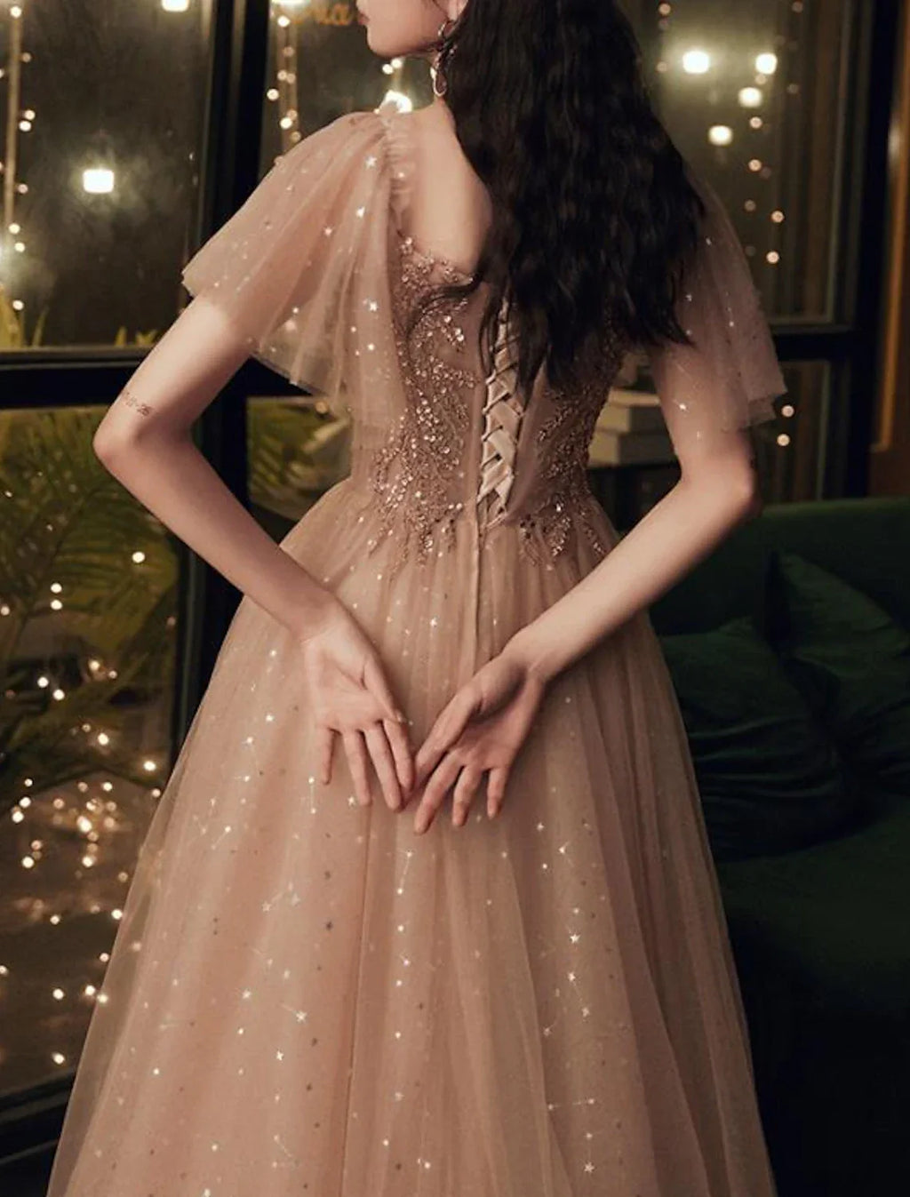 Glittering Elegant Wedding Guest Formal Evening Dress Scoop Neck Short Sleeve Floor Length with Pleats