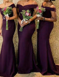 Mermaid / Trumpet Bridesmaid Dress Off Shoulder Short Sleeve Elegant Sweep / Brush Train with Solid Color