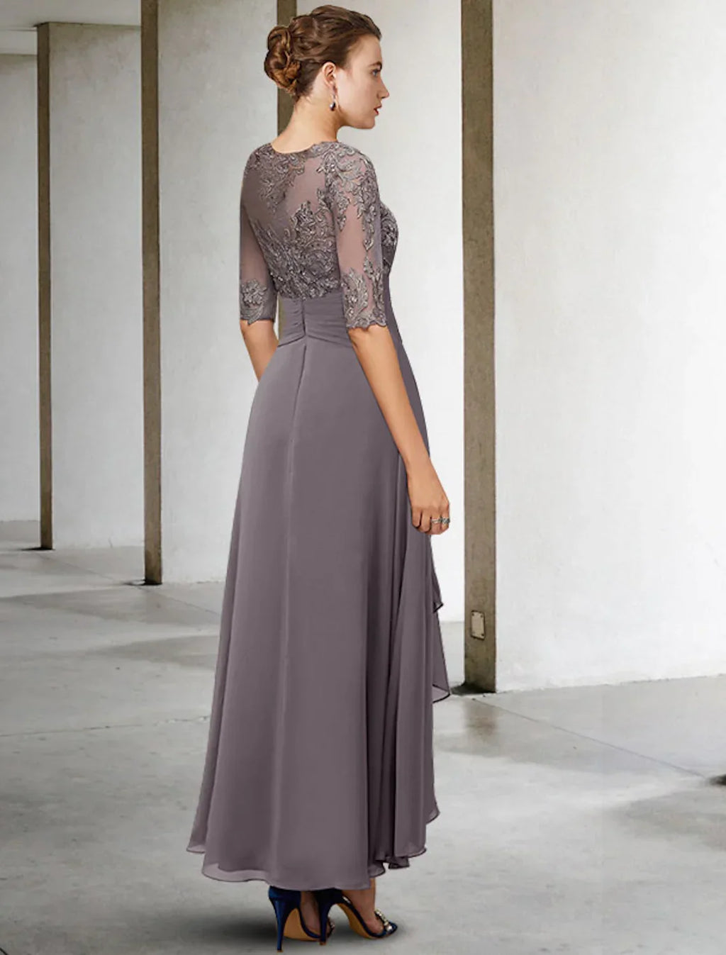 Mother of the Bride Dress Plus Size Elegant Asymmetrical Ankle Length Half Sleeve Beading Appliques