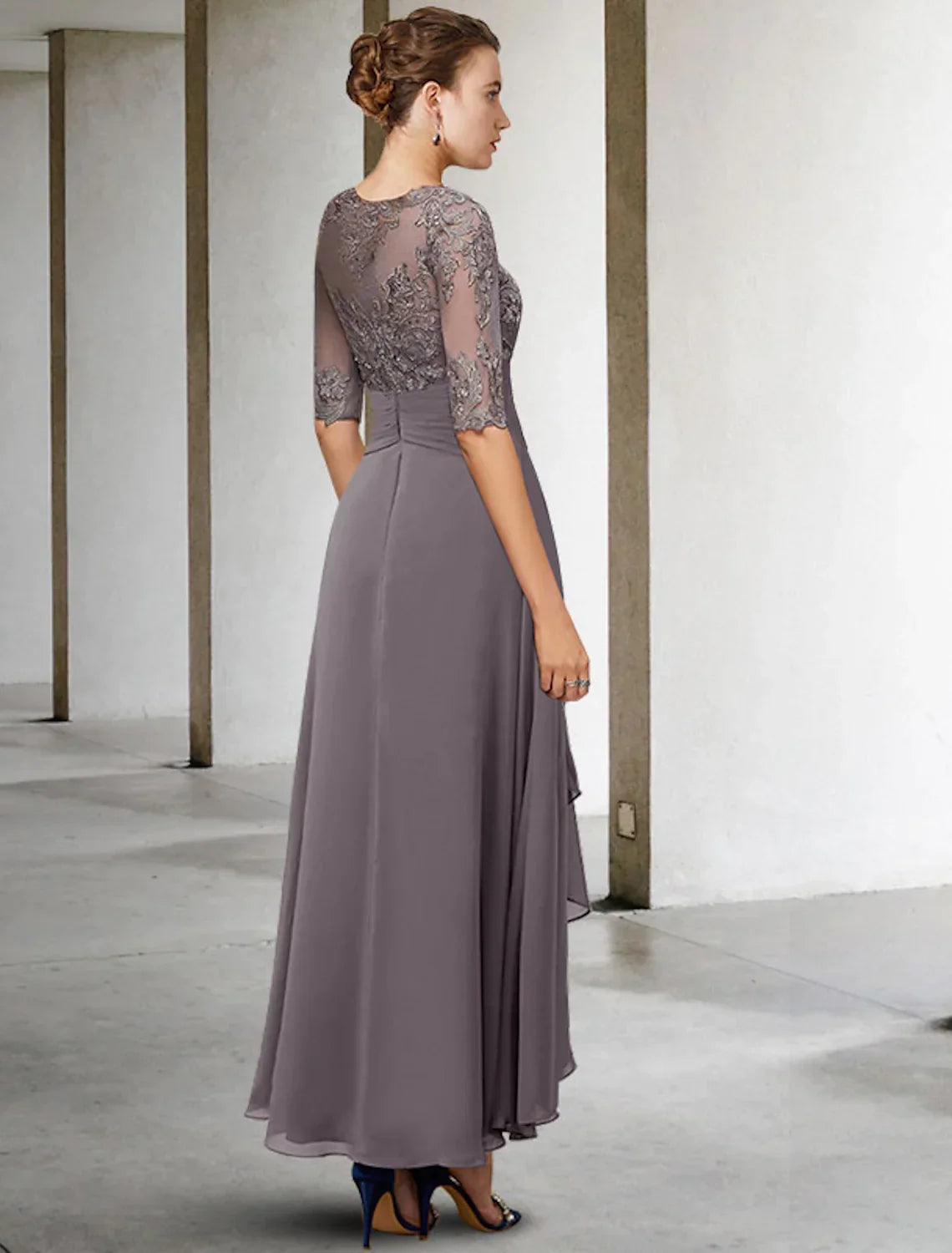 Mother of the Bride Dress Plus Size Elegant Asymmetrical Ankle Length Half Sleeve Beading Appliques