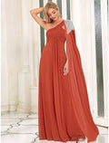 Evening Gown Empire Dress Wedding Guest Floor Length Sleeveless One Shoulder with Crystals Shouder Flower Shawl