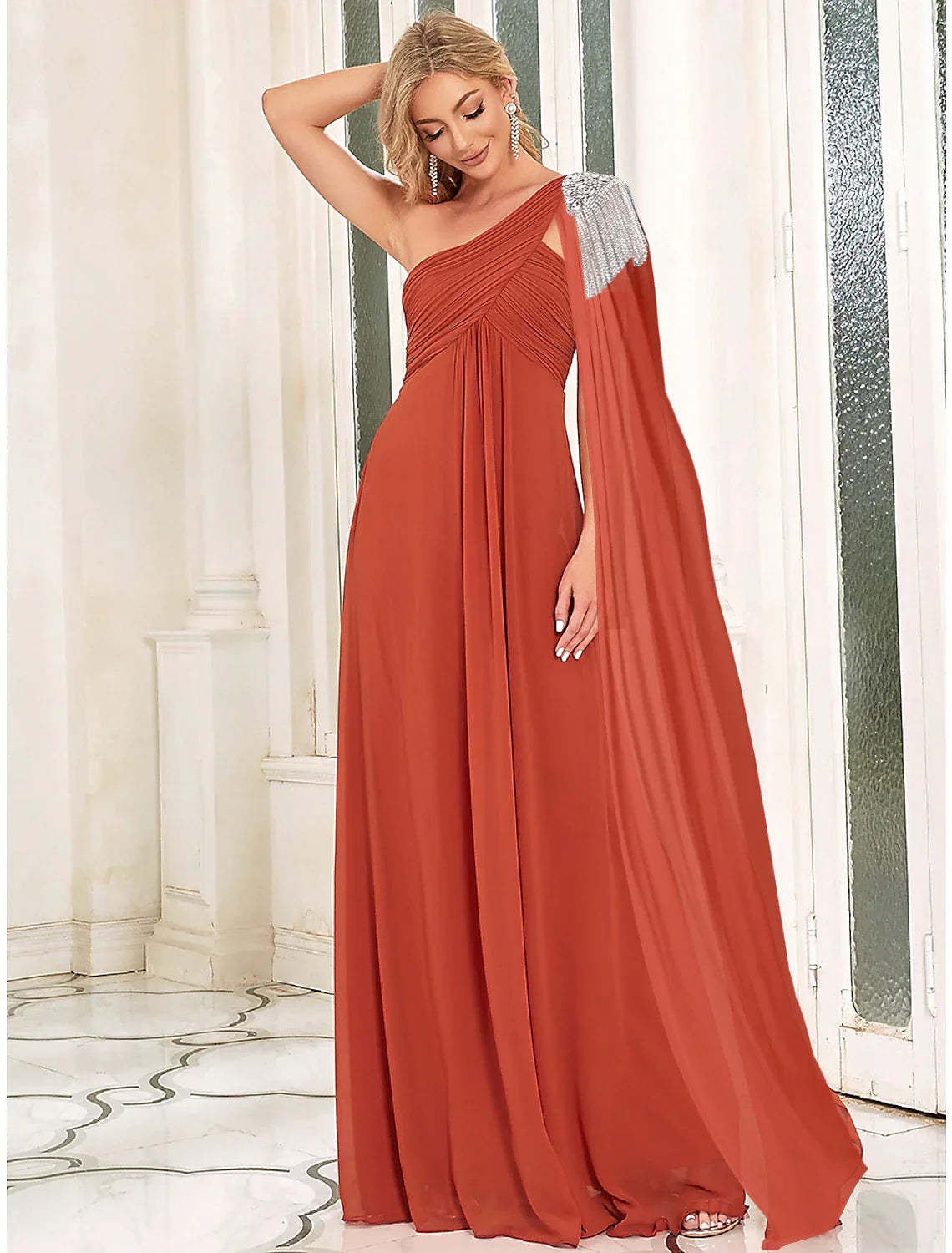 Evening Gown Empire Dress Wedding Guest Floor Length Sleeveless One Shoulder with Crystals Shouder Flower Shawl