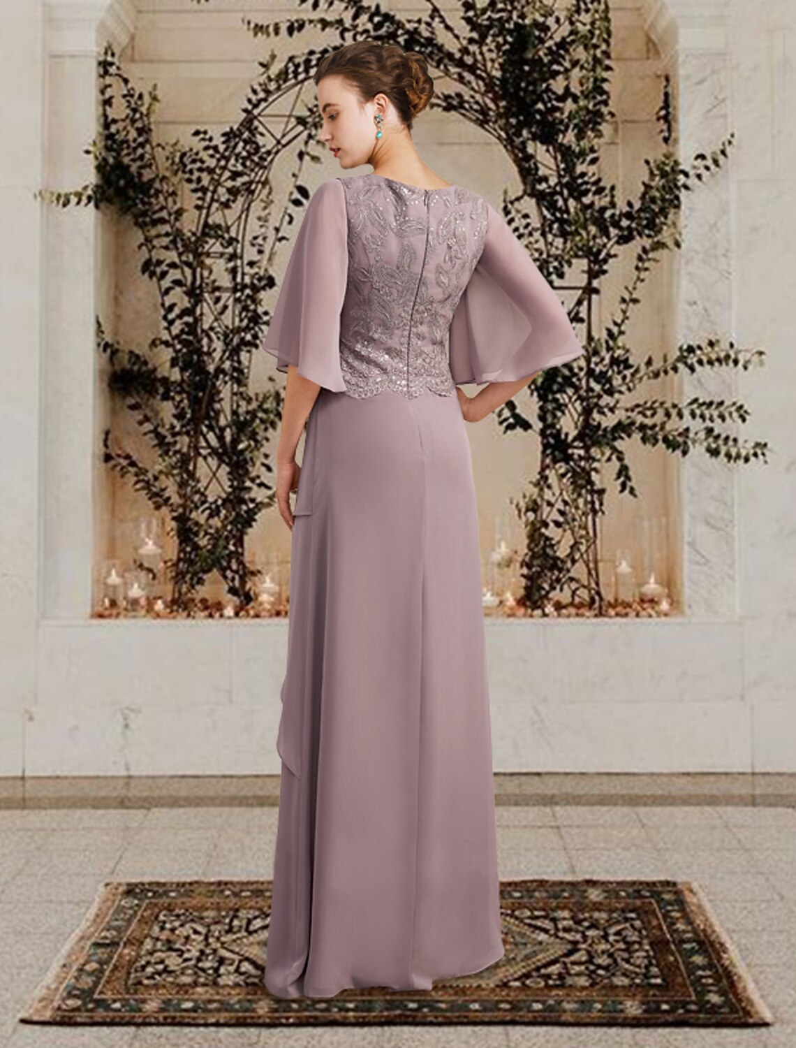 Mother of the Bride Dress Plus Size Elegant Jewel Neck Floor Length Short Sleeve with Ruffles Appliques