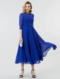 Formal Evening Wedding Party Dress Boat Neck 3/4 Length Sleeve Tea Length Georgette with Ruched Crystal Brooch