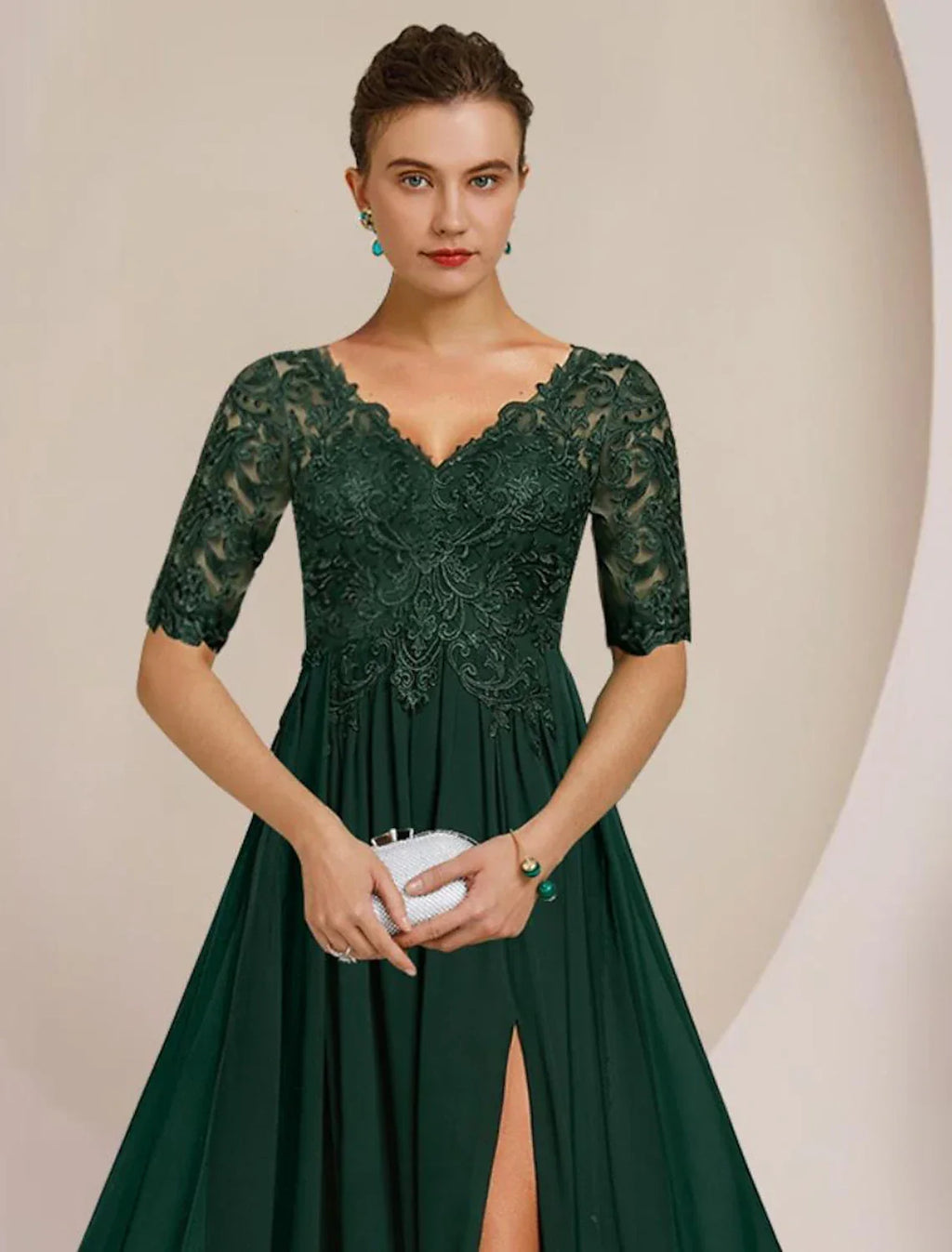 Mother of the Bride Dress Formal Wedding Guest Elegant V Neck Floor Length Half Sleeve with Pleats Appliques Split Front