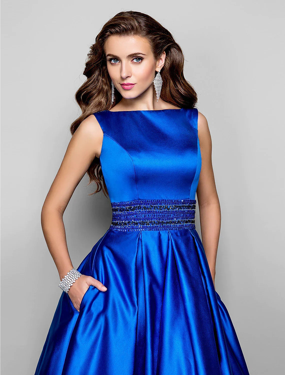 Blue Evening Dresses Wedding Guest Floor Length Sleeveless Boat Neck Pocket with Pleats Beading