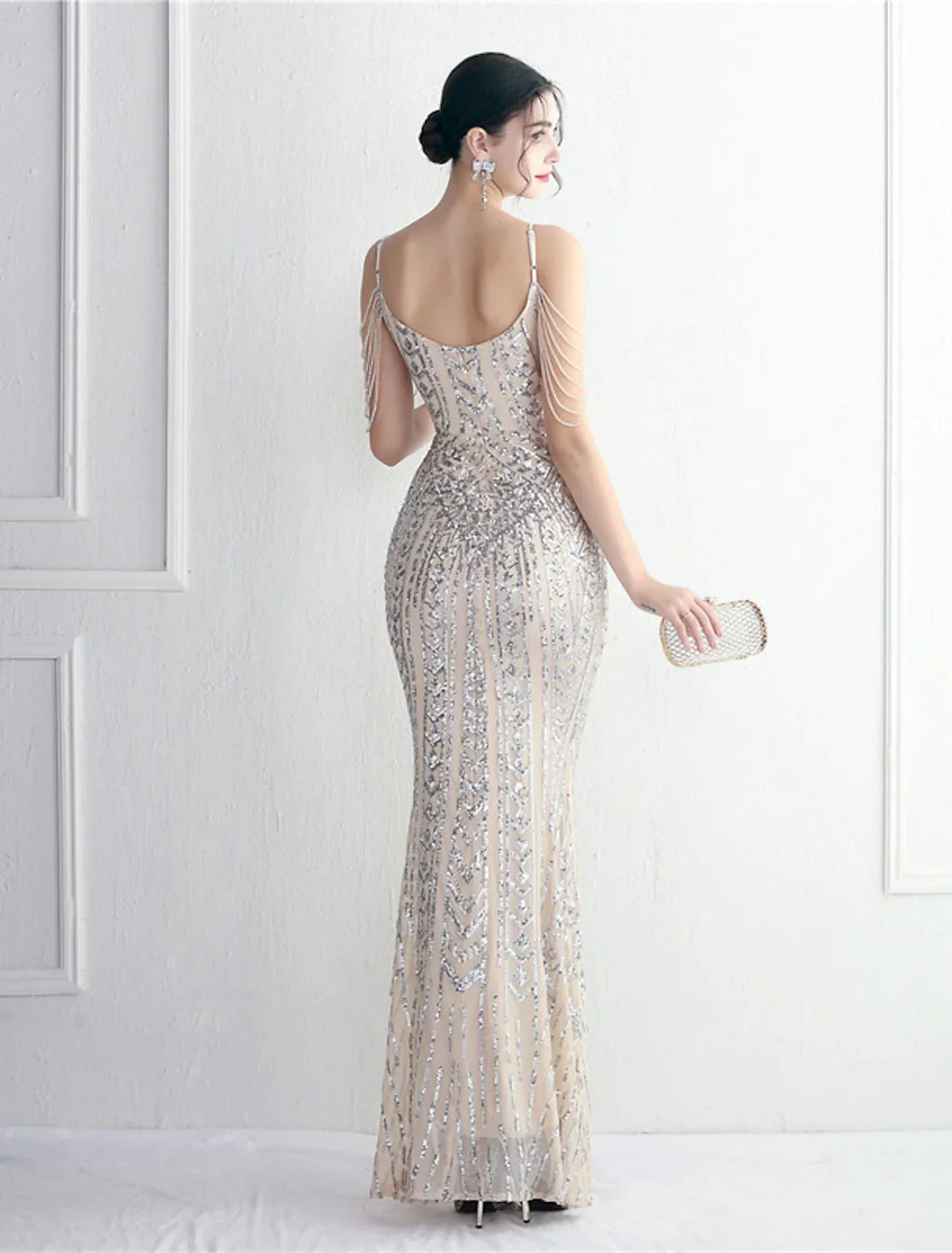 Mermaid / Trumpet Evening Gown Sparkle & Shine Dress Formal Floor Length Short Sleeve Spaghetti Strap with Beading