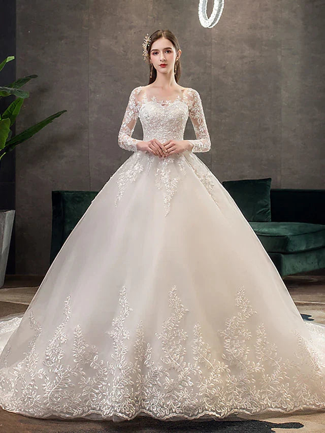 Engagement Open Back Formal Wedding Dresses Chapel Train Long Sleeve With Pleats Appliques