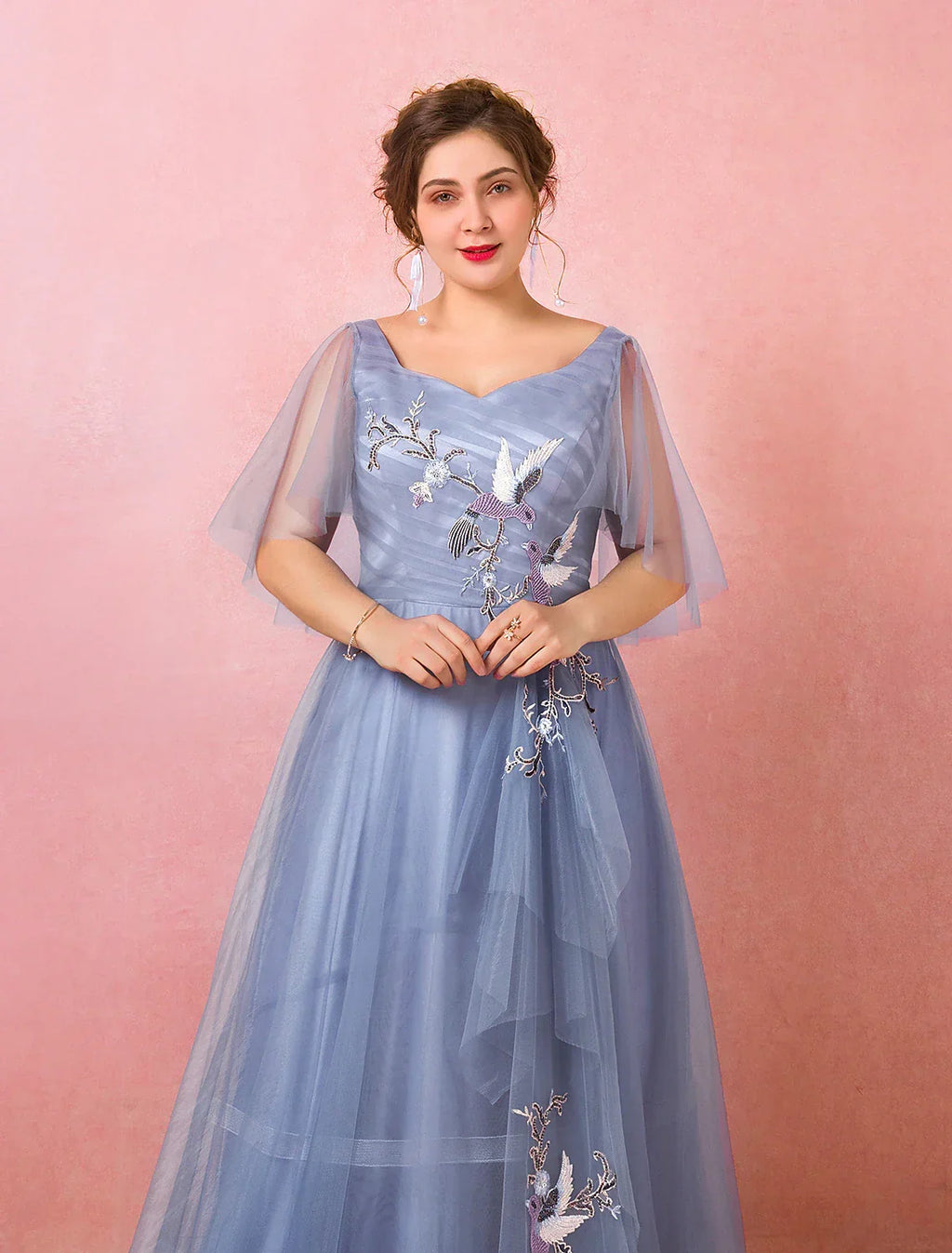 Chinese Style Dress Prom Floor Length Half Sleeve V Neck with Ruched Embroidery