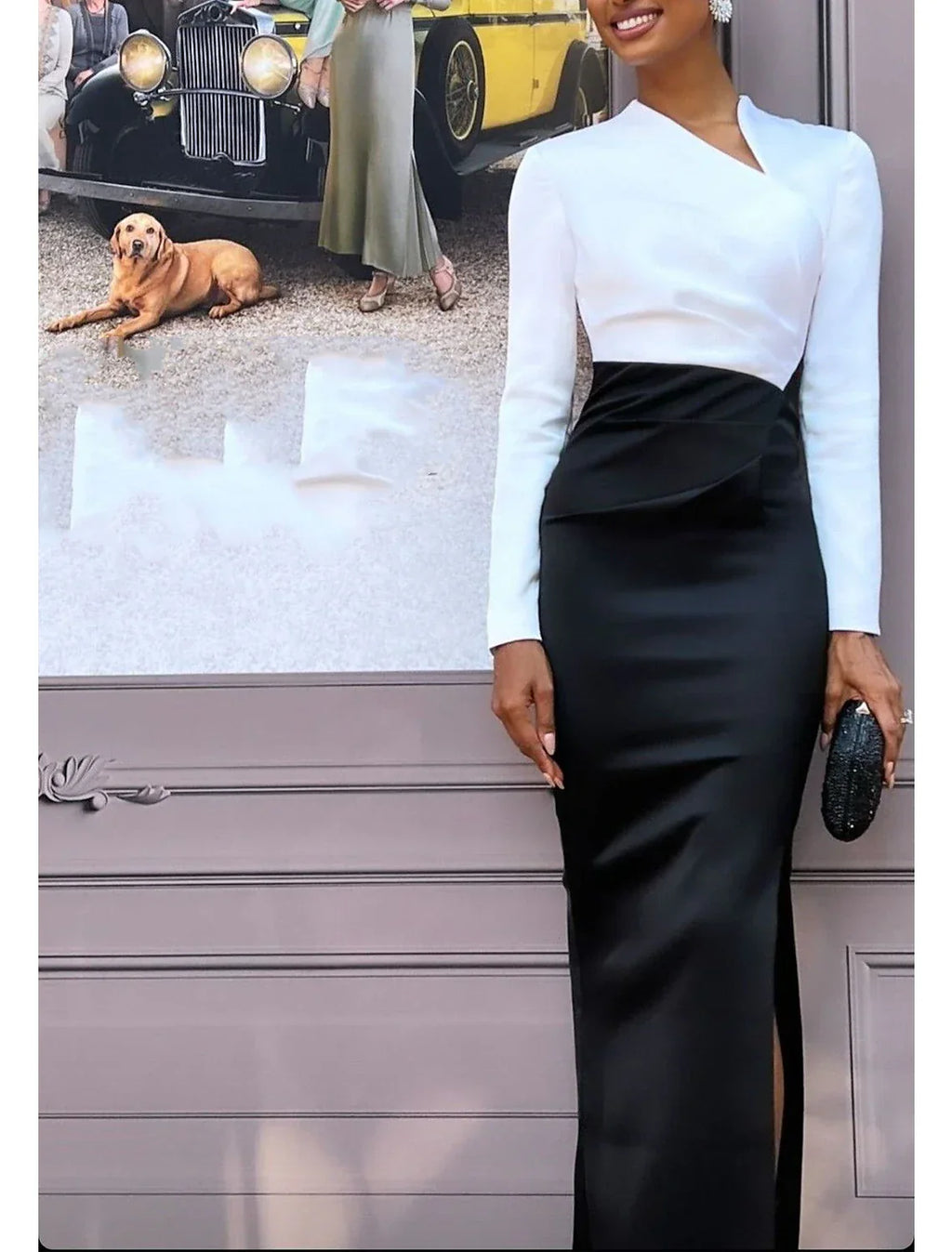 Black Sheath Dress Evening Gown Elegant Dress Formal Wedding Guest Floor Length Long Sleeve V Neck Fabric