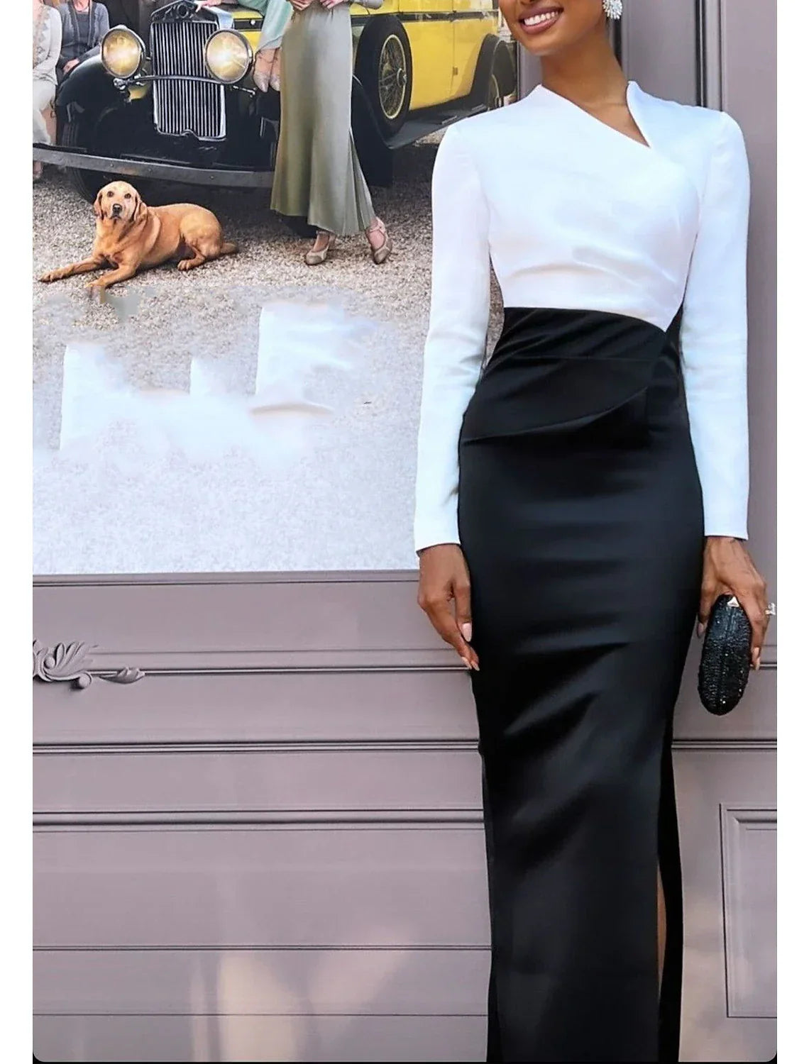 Black Sheath Dress Evening Gown Elegant Dress Formal Wedding Guest Floor Length Long Sleeve V Neck Fabric