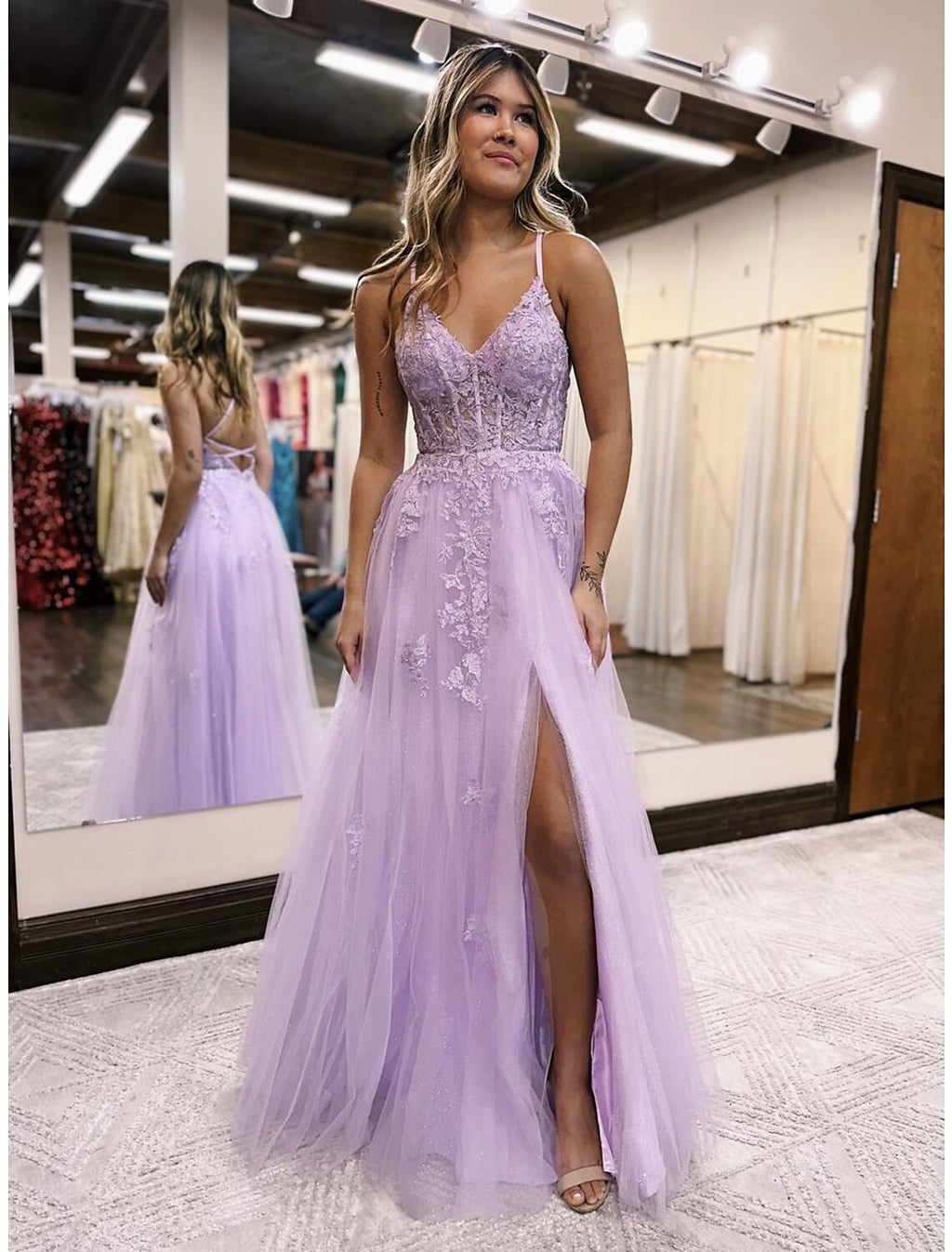 Evening Gown Open Back Dress Formal Prom Floor Length Sleeveless V Neck Backless with Beading Slit Appliques