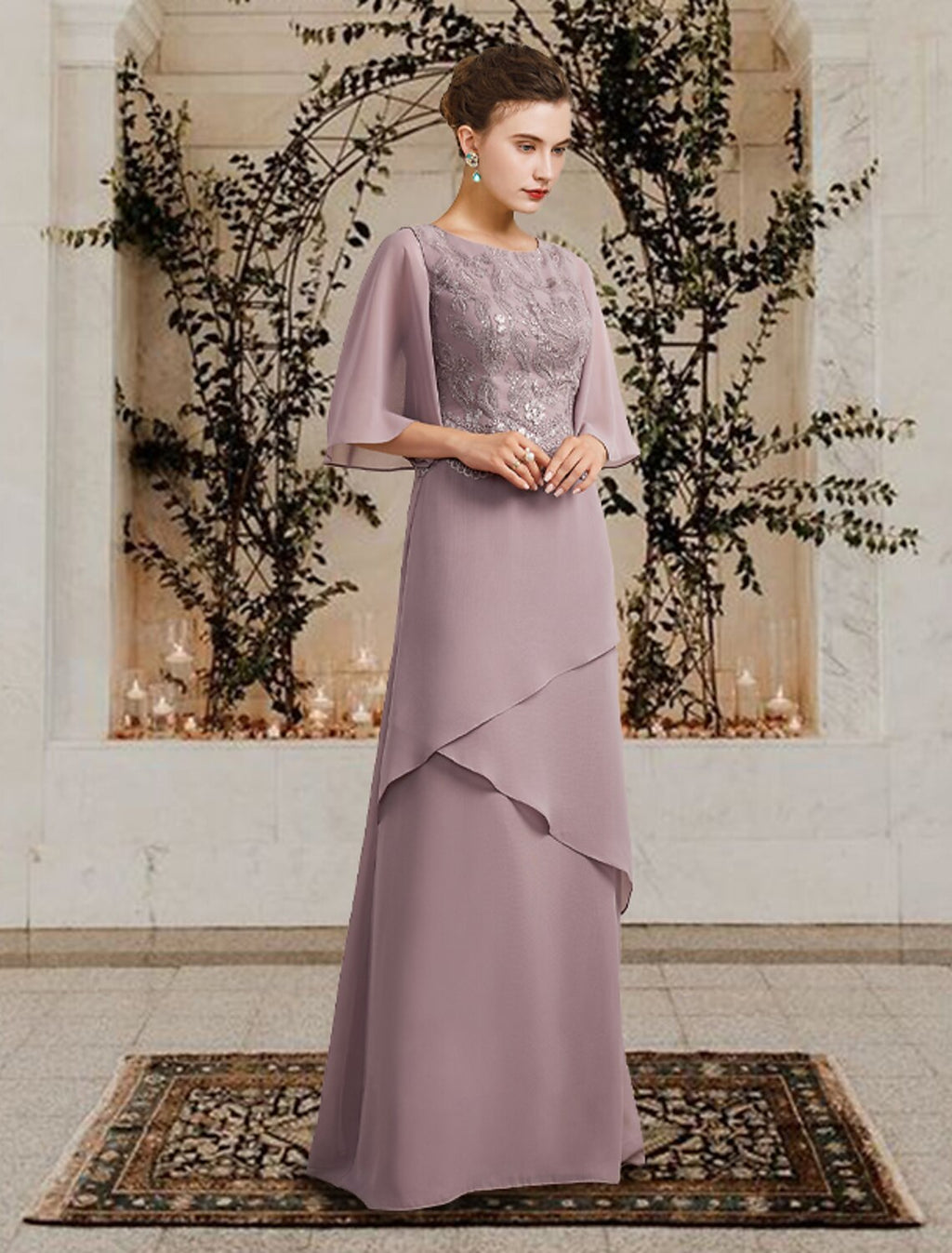 Mother of the Bride Dress Plus Size Elegant Jewel Neck Floor Length Short Sleeve with Ruffles Appliques