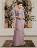 Mother of the Bride Dress Plus Size Elegant Jewel Neck Floor Length Short Sleeve with Ruffles Appliques