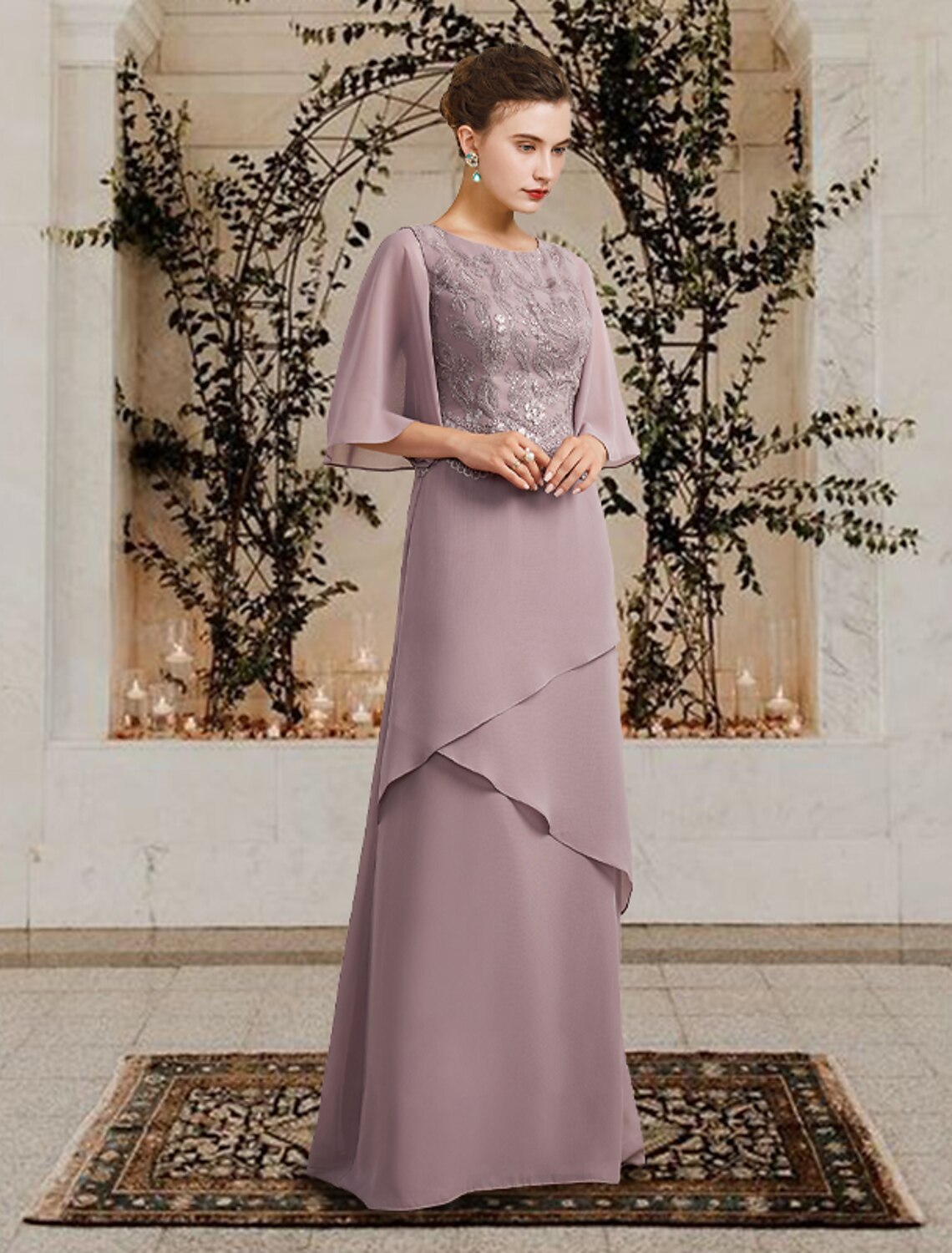 Mother of the Bride Dress Plus Size Elegant Jewel Neck Floor Length Short Sleeve with Ruffles Appliques